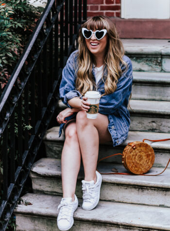 Plaid skirt + white tee + oversized jean jacket outfit for spring-2