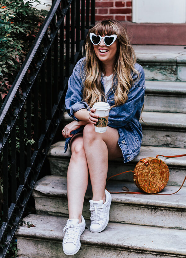 Plaid skirt + white tee + oversized jean jacket outfit for spring-2