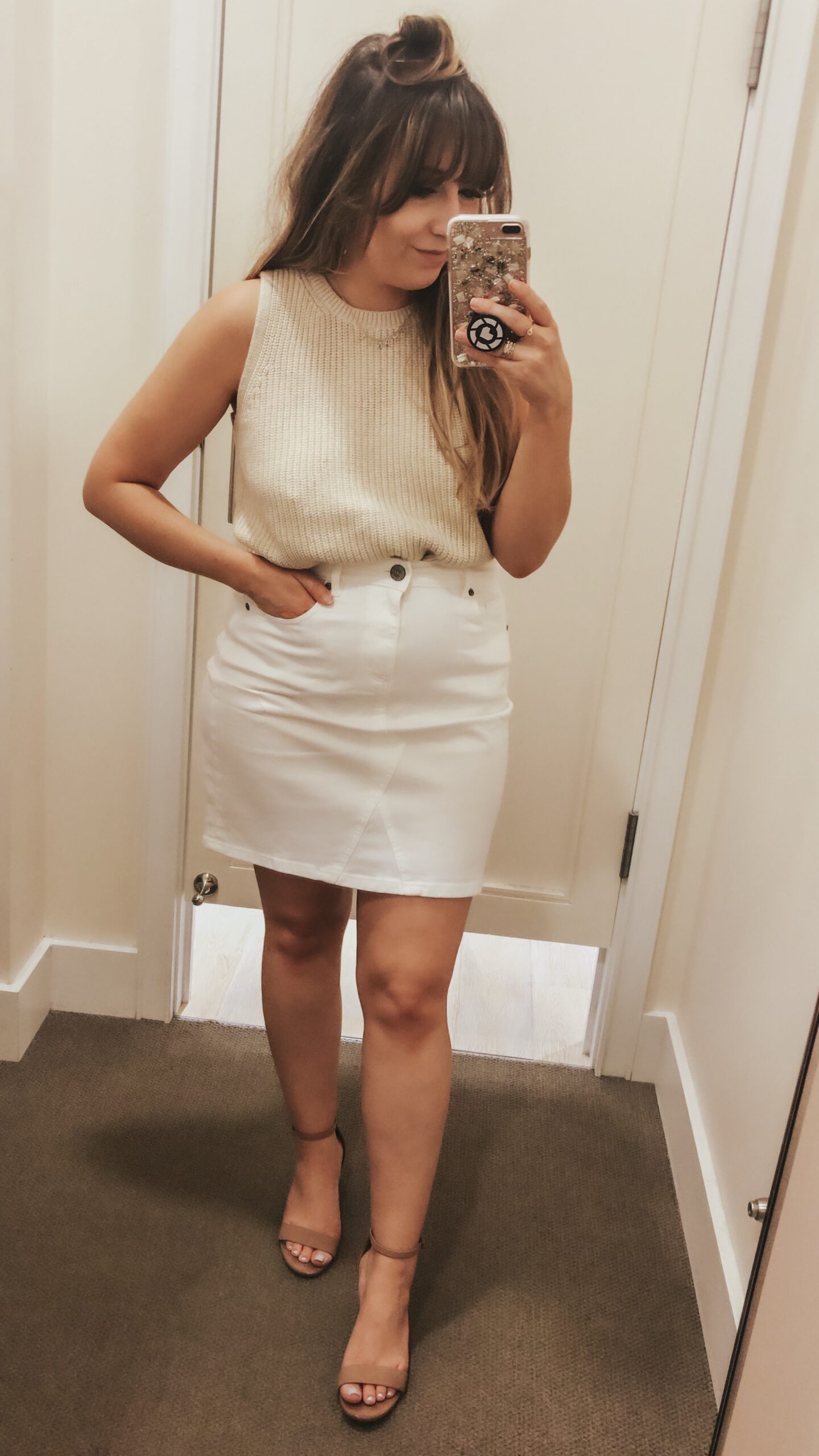 LOFT Spring - White jean skirt and Sleeveless sweater