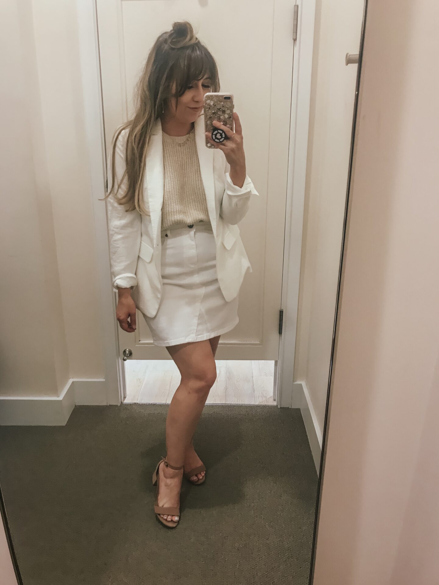 LOFT Spring - white denim skirt and blazer outfit