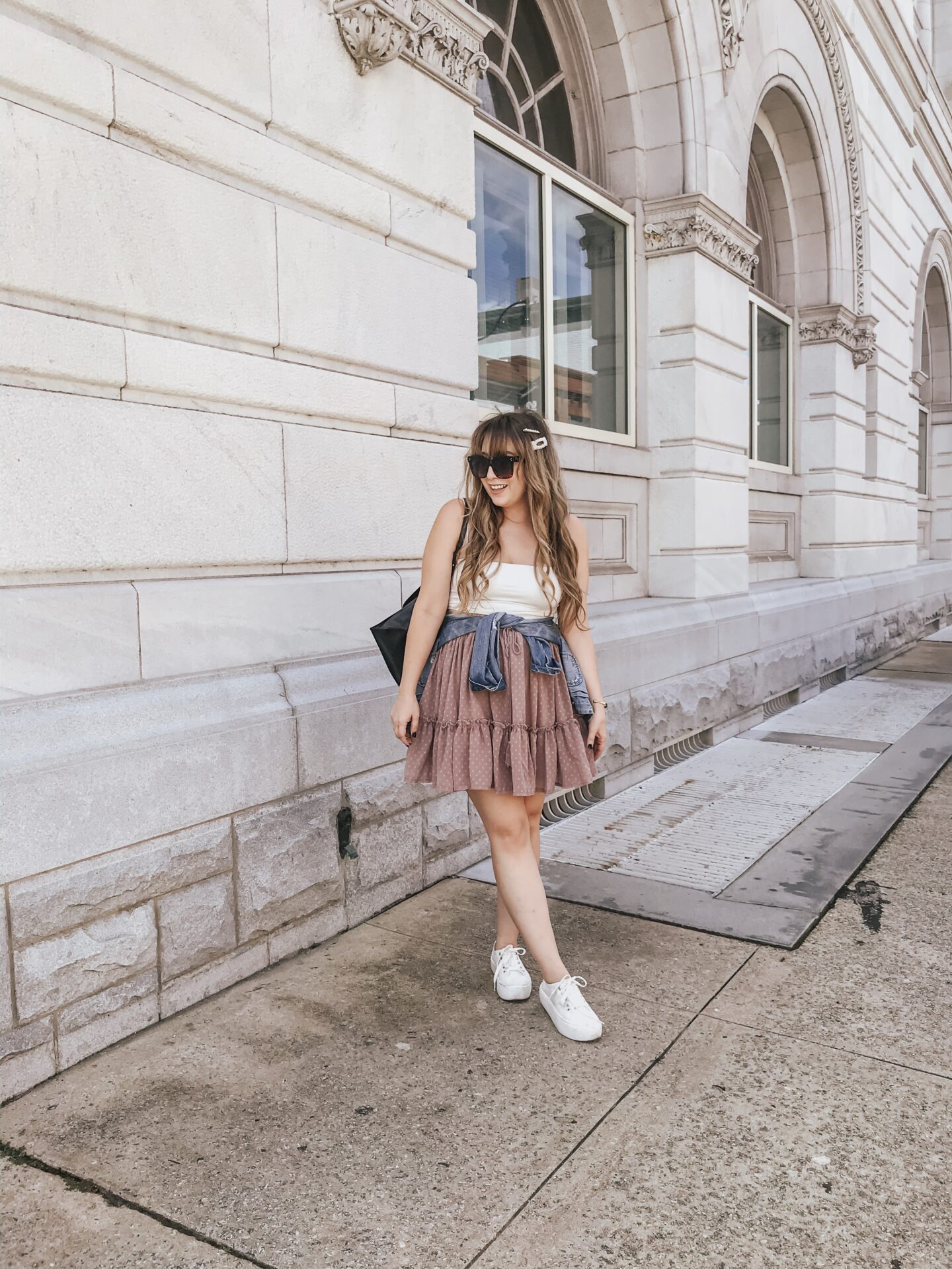 white crop top and pink tiered skirt outfit