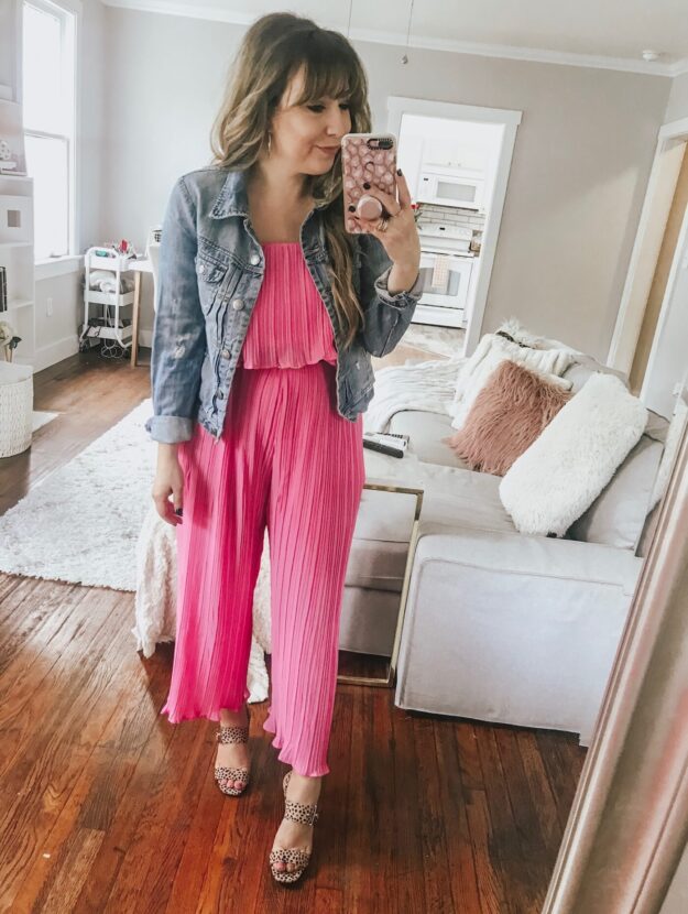 daily outfit: pink jumpsuit and jean jacket