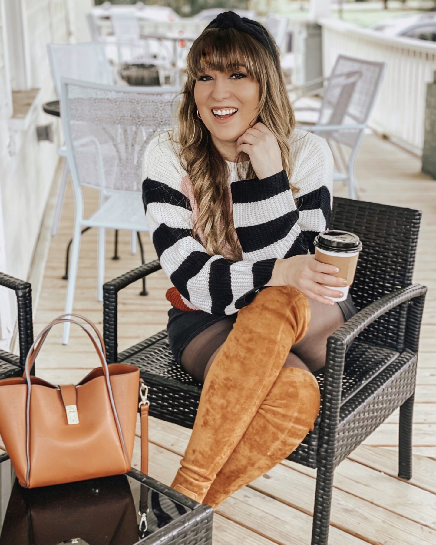 Fall outfit idea - Striped sweater and over the knee boots