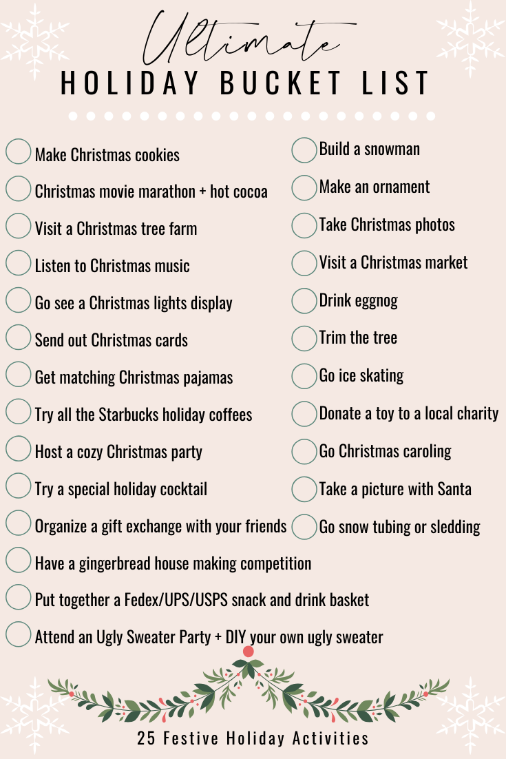 Christmas Bucket list. Holiday Bucket list. Christmas Holidays Bucket list. New year Bucket list.