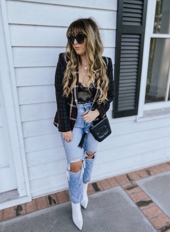 Daily Outfit - lace bodysuit and plaid blazer outfit