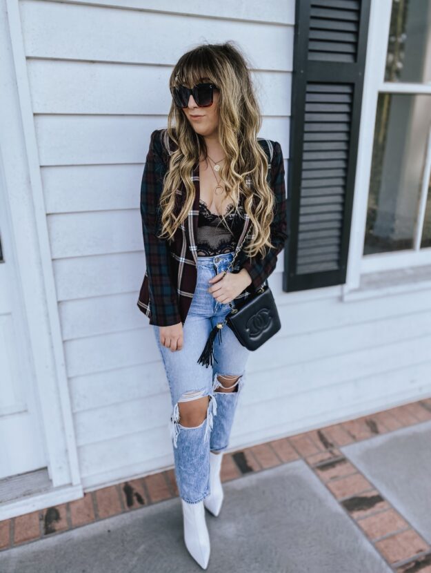 Daily Outfit - lace bodysuit and plaid blazer outfit