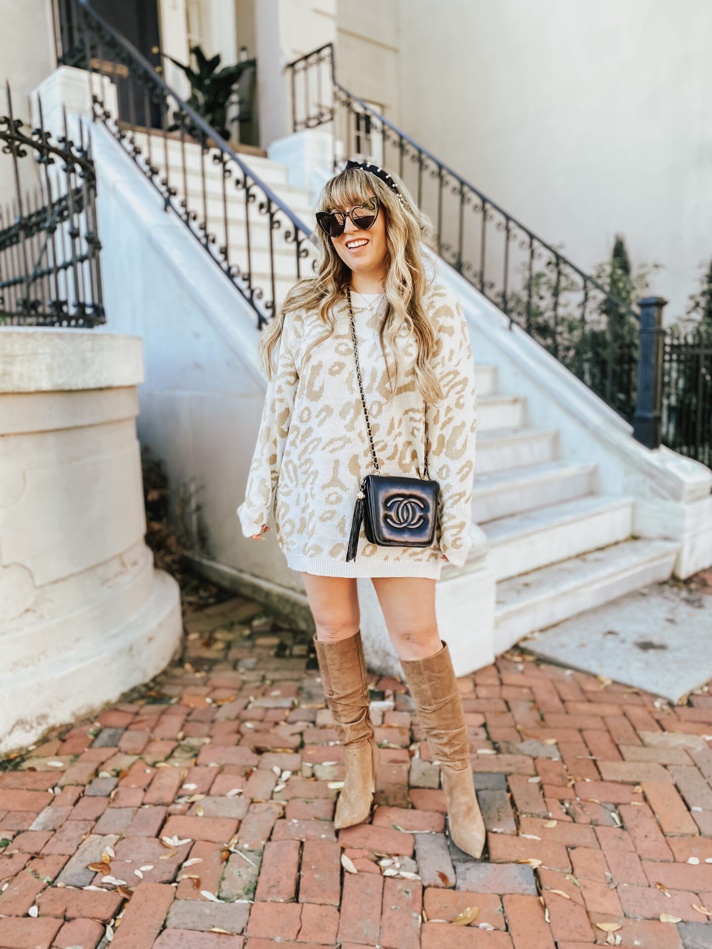 Leopard Sweaterdress and knee high slouchy boots