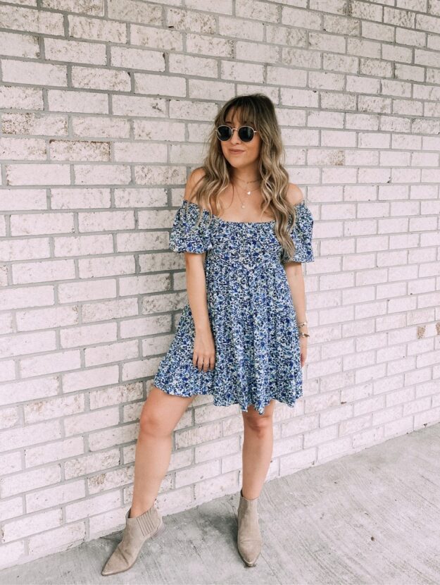 floral dress and booties outfit fall transitional style