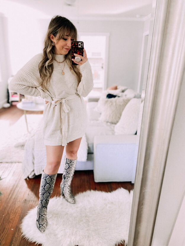 Amazon sweaterdress for fall, sweaterdress and snakeskin boot outfit