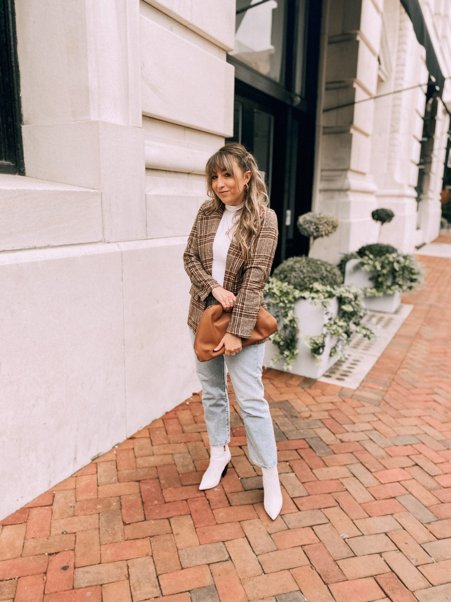 turtleneck bodysuit and plaid blazer for fall