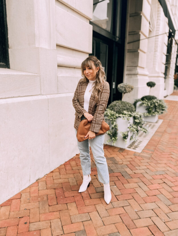 turtleneck bodysuit and plaid blazer for fall