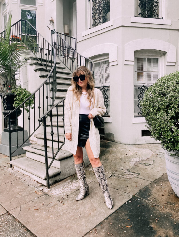 Cozy cardigan, bodysuit, leather skirt and snakeskin boots outfit for fall