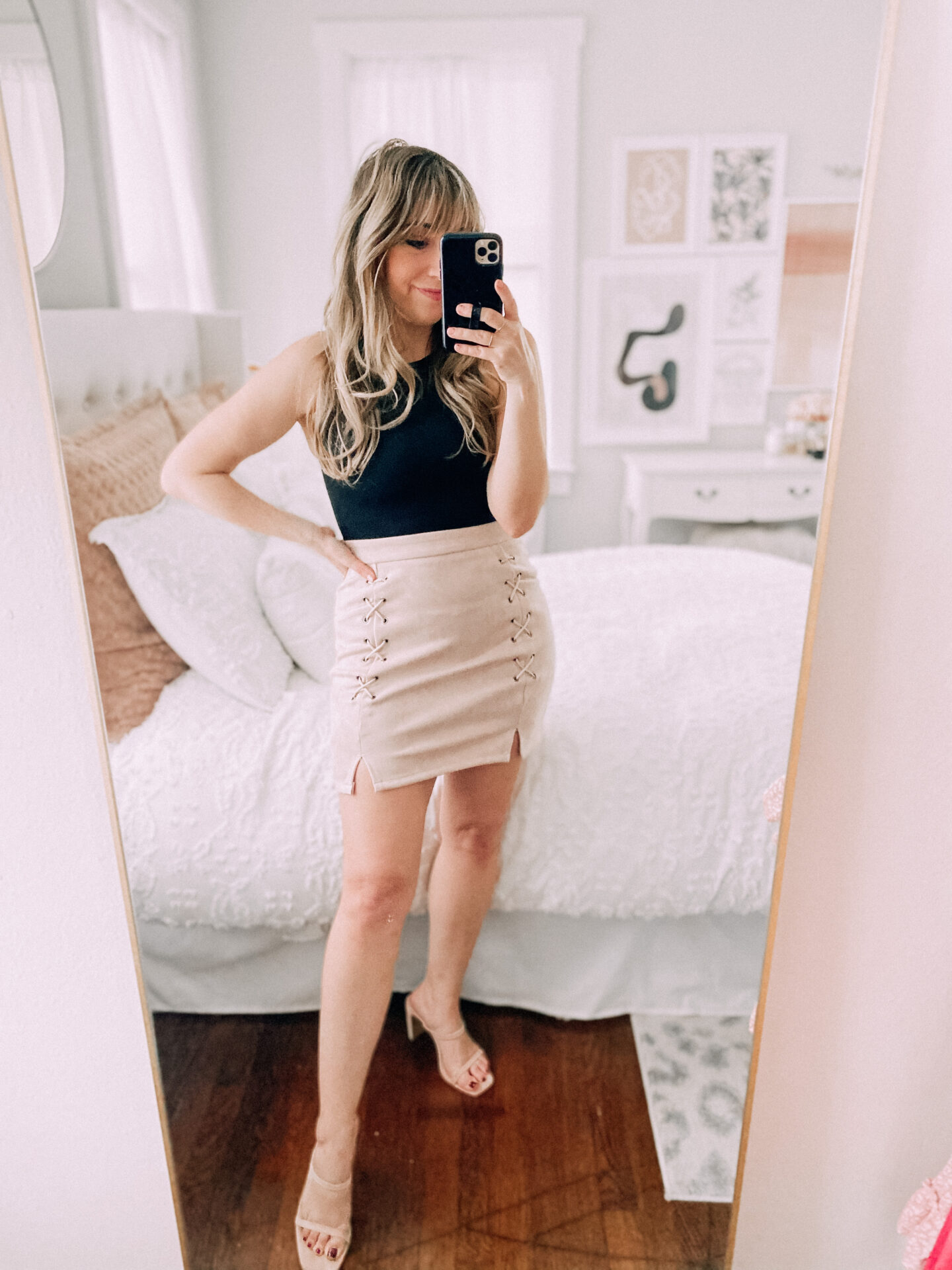 Amazon bodysuit and suede mini skirt outfit