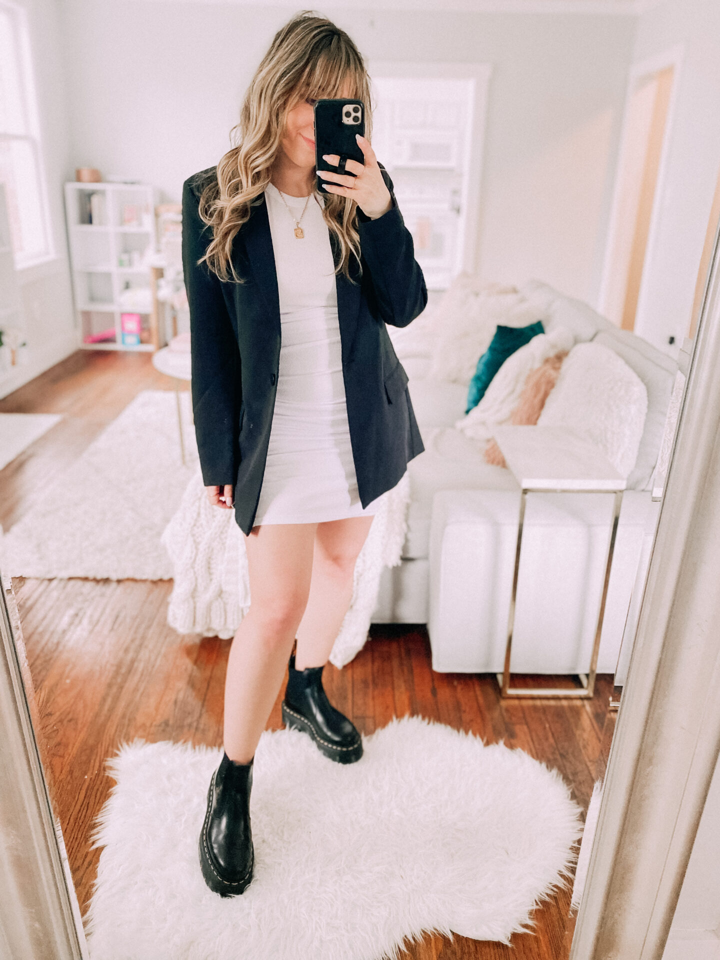 tank dress, oversized blazer and doc martens