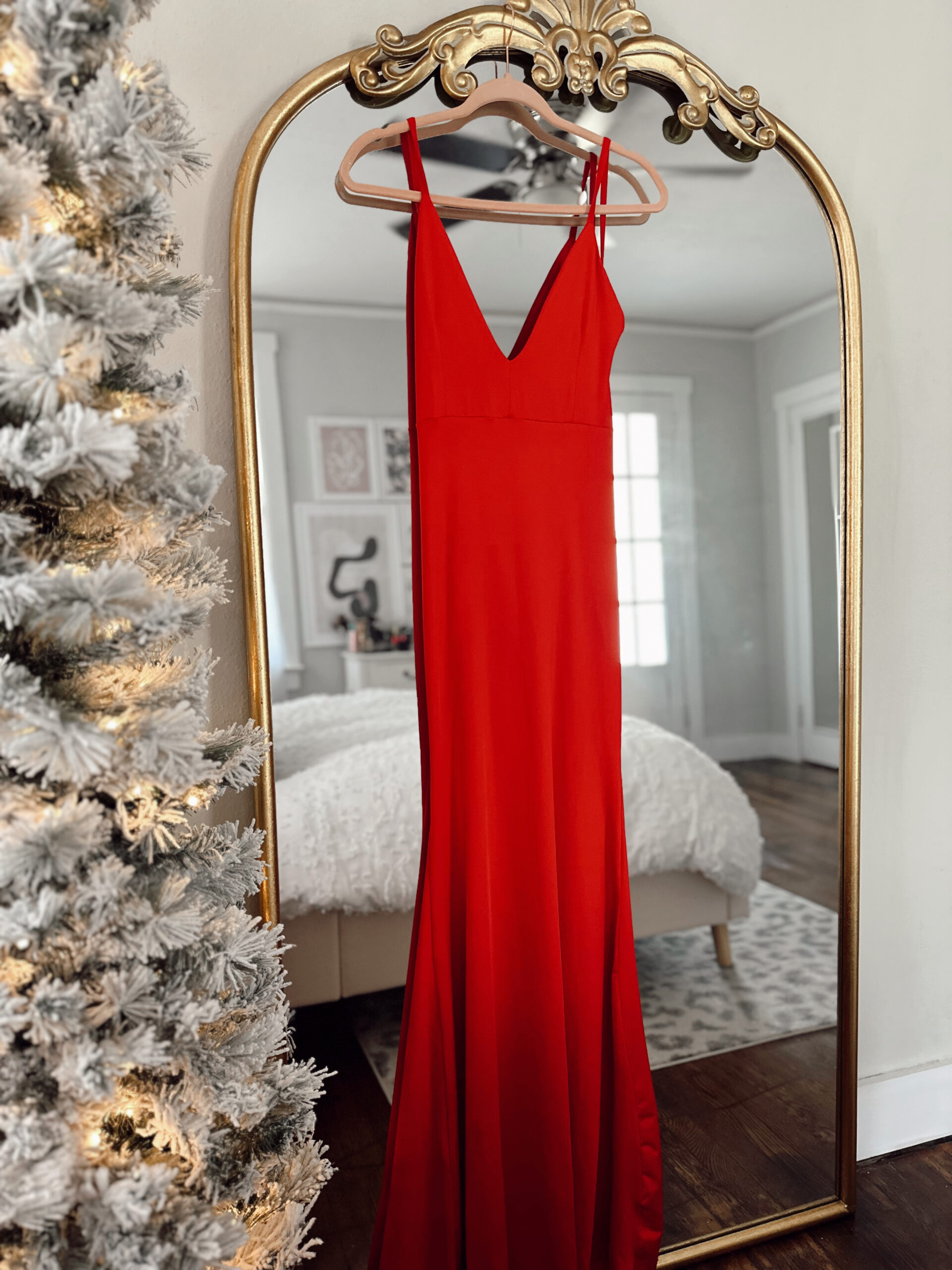 Red slinky Amazon evening gown hanging on a mirror