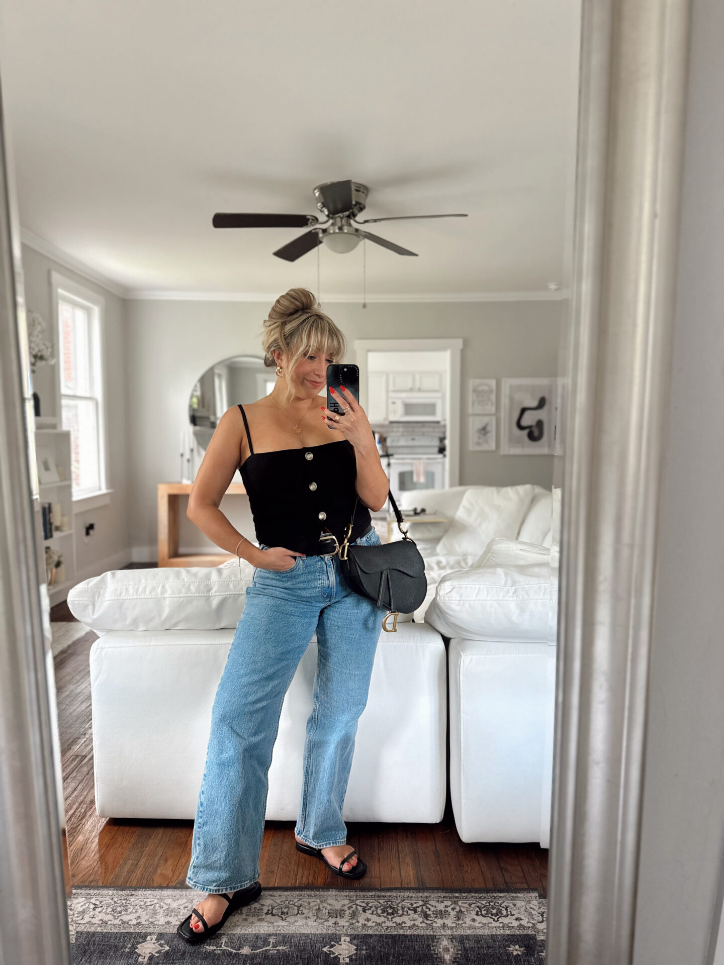 Zara linen top and Abercrombie jeans for a summer outfit